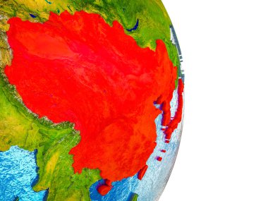 Doğu Asya Earth 3d modeli bölünmüş ülkeler ve mavi okyanuslar. 3D çizim.