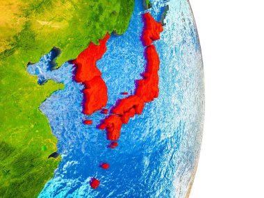 Japonya ve Kore Earth 3d modeli bölünmüş ülkeler ve mavi okyanuslar. 3D çizim.