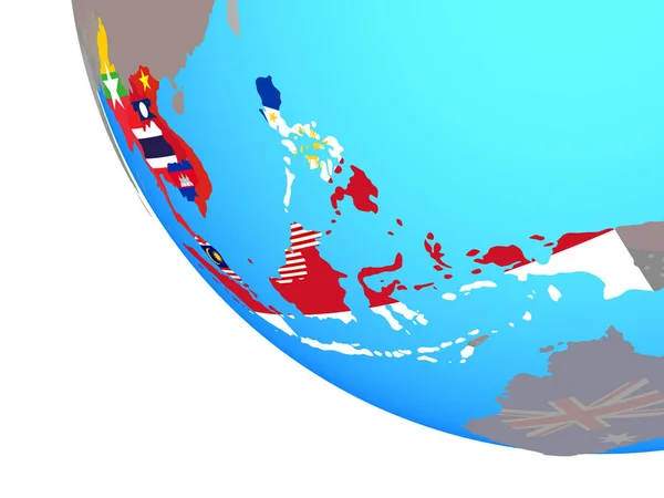 Asean Lidstaten Met Nationale Vlaggen Eenvoudige Wereldbol Illustratie — Stockfoto