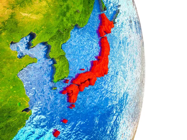 Japan on 3D model of Earth with divided countries and blue oceans. 3D illustration.