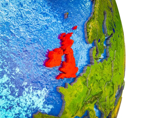 British Isles on 3D model of Earth with divided countries and blue oceans. 3D illustration.