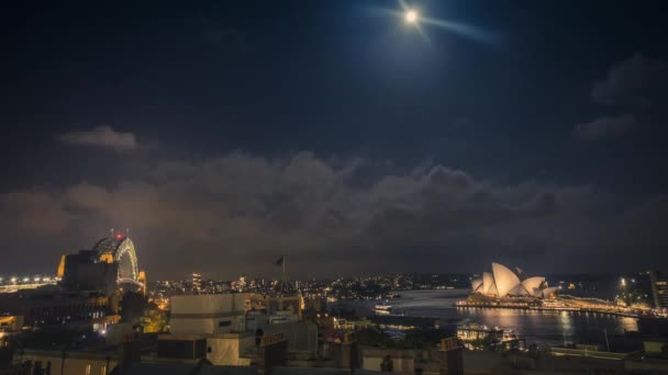 悉尼在夜间时光流逝 主要地标 照亮悉尼歌剧院和悉尼海港大桥的视线 — 图库视频影像