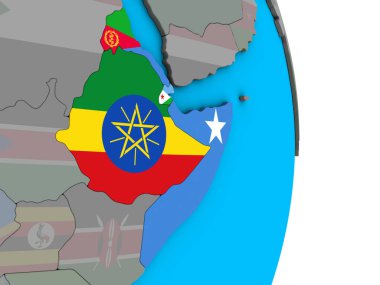 Afrika Boynuzu basit siyasi 3d dünya üzerinde katıştırılmış ülke bayrakları ile. 3D çizim.