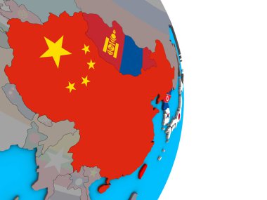 Doğu Asya basit siyasi 3d dünya üzerinde katıştırılmış ülke bayrakları ile. 3D çizim.