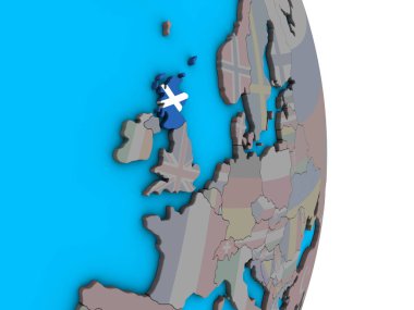 İskoçya ile basit siyasi 3d dünya üzerinde katıştırılmış ulusal bayrak. 3D çizim.