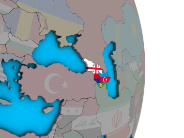 Basit siyasi 3d dünya üzerinde katıştırılmış ülke bayrakları ile Kafkasya. 3D çizim.