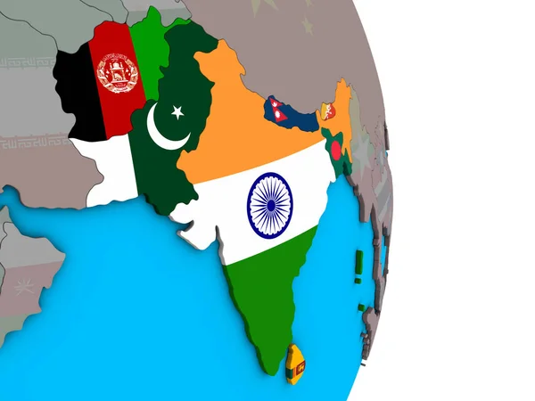 Jižní Asie Vloženými Státní Vlajky Jednoduché Politické Glóbu Obrázek — Stock fotografie