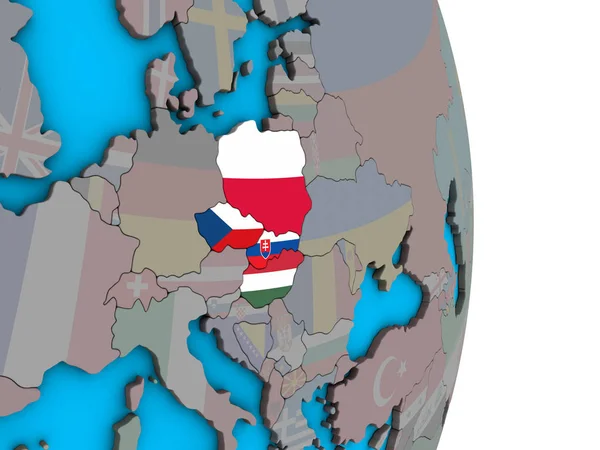 Visegrad Gruppe Mit Eingebetteten Nationalflaggen Auf Einem Einfachen Politischen Globus — Stockfoto