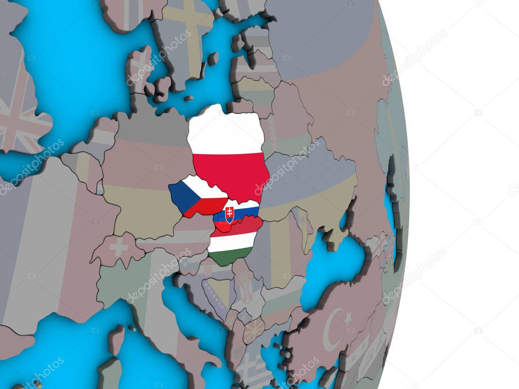 Visegrad Group with embedded national flags on simple political 3D globe. 3D illustration.