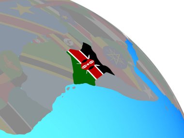 Kenya Ulusal bayrağını basit mavi siyasi dünya ile. 3D çizim.