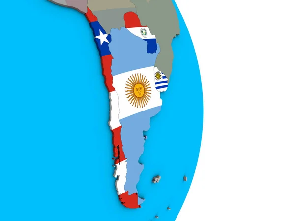 Jihoamerický Vloženými Státní Vlajky Jednoduché Politické Glóbu Obrázek — Stock fotografie