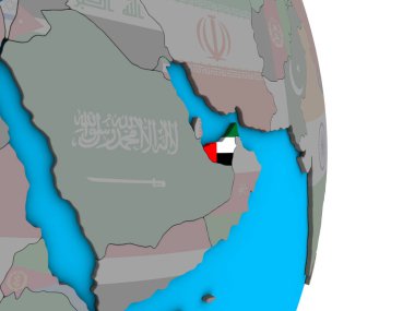Birleşik Arap Emirlikleri ile basit siyasi 3d dünya üzerinde katıştırılmış ulusal bayrak. 3D çizim.