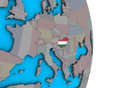 Macaristan ile basit siyasi 3d dünya üzerinde katıştırılmış ulusal bayrak. 3D çizim.