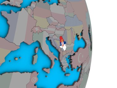 Sırbistan ile basit siyasi 3d dünya üzerinde katıştırılmış ulusal bayrak. 3D çizim.