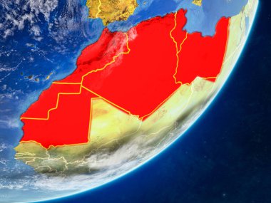 Model ülke sınırları ve çok detaylı gezegenin yüzey ve bulutlar Dünya gezegeninin Mağrip bölgesi. 3D çizim. Nasa tarafından döşenmiş bu görüntü unsurları.