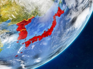 Japonya ve Kore modeli bir ülke sınırları ve çok detaylı gezegenin yüzey ve bulutlar Dünya gezegeni. 3D çizim. Nasa tarafından döşenmiş bu görüntü unsurları.