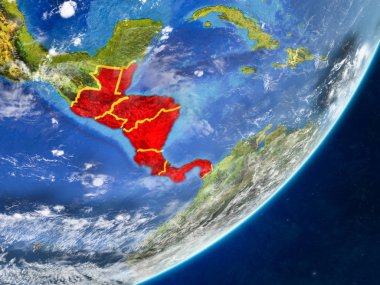 Orta Amerika modeli bir ülke sınırları ve çok detaylı gezegenin yüzey ve bulutlar Dünya gezegeni. 3D çizim. Nasa tarafından döşenmiş bu görüntü unsurları.