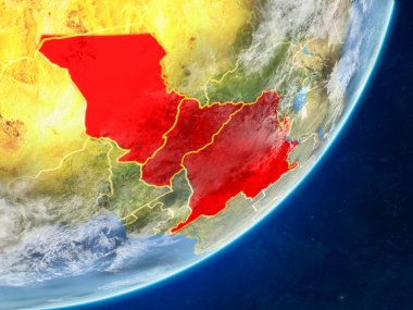 Orta Afrika modeli bir ülke sınırları ve çok detaylı gezegenin yüzey ve bulutlar Dünya gezegeni. 3D çizim. Nasa tarafından döşenmiş bu görüntü unsurları.