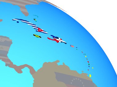 Karayipler basit mavi siyasi dünya Ulusal bayrakları ile. 3D çizim.