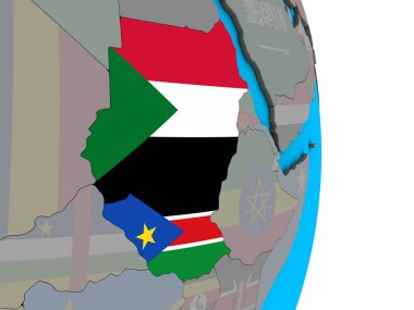 Eski Sudan basit siyasi 3d dünya üzerinde katıştırılmış ülke bayrakları ile. 3D çizim.