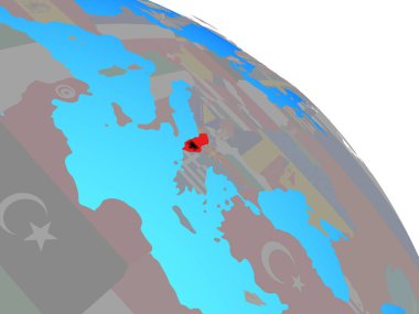 Arnavutluk Ulusal bayrağını basit mavi siyasi dünya ile. 3D çizim.