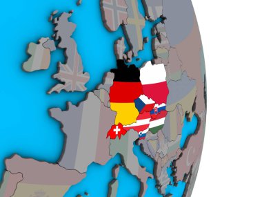 Orta Avrupa ile basit siyasi 3d dünya üzerinde katıştırılmış ülke bayrakları. 3D çizim.