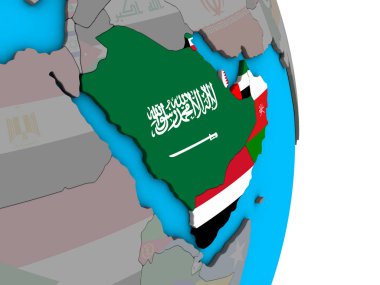 Arabistan basit siyasi 3d dünya üzerinde katıştırılmış ülke bayrakları ile. 3D çizim.