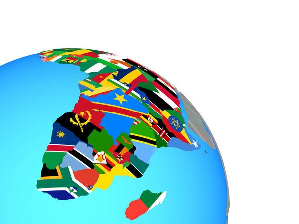 Africa with national flags on simple blue political globe. 3D illustration.
