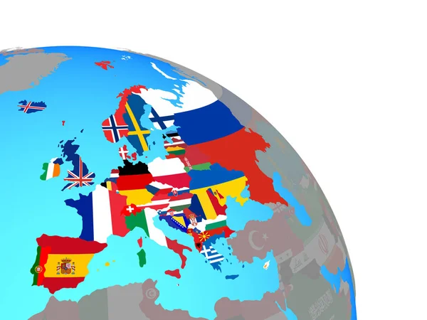 Europe Avec Des Drapeaux Nationaux Sur Simple Globe Politique Bleu — Photo