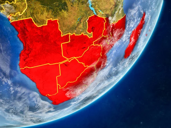 Southern Africa on model of planet Earth with country borders and very detailed planet surface and clouds. 3D illustration. Elements of this image furnished by NASA.