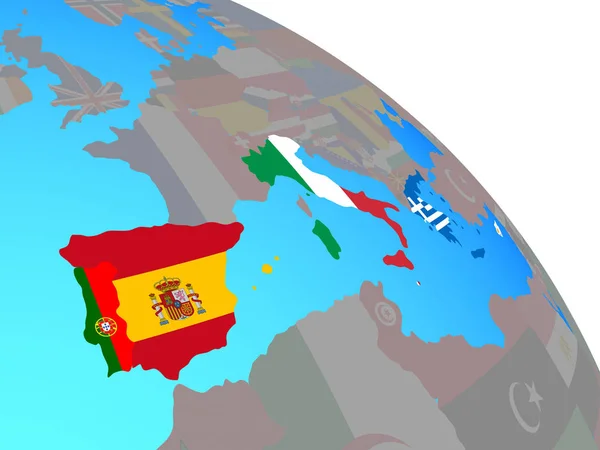 Zuid Europa Met Nationale Vlaggen Eenvoudige Blauwe Politieke Wereldbol Illustratie — Stockfoto