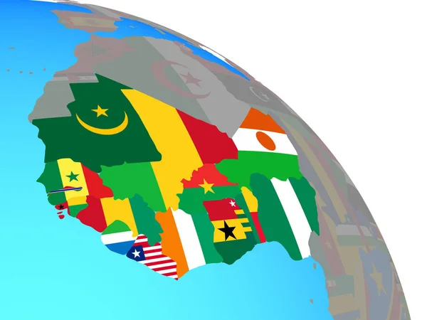 Западная Африка Национальными Флагами Простом Голубом Политическом Глобусе Иллюстрация — стоковое фото