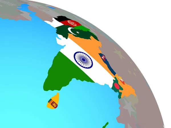 Zuid Azië Met Nationale Vlaggen Eenvoudige Blauwe Politieke Wereldbol Illustratie — Stockfoto
