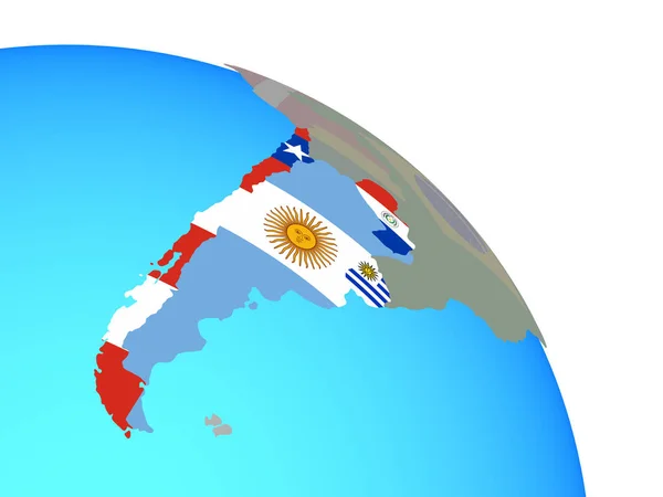 Cono Sur Con Banderas Nacionales Simple Globo Político Azul Ilustración —  Fotos de Stock