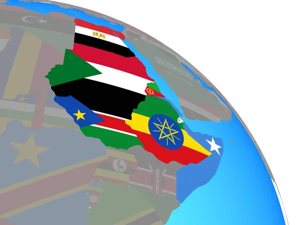 东北非洲与国旗在简单的蓝色政治世界 — 图库照片
