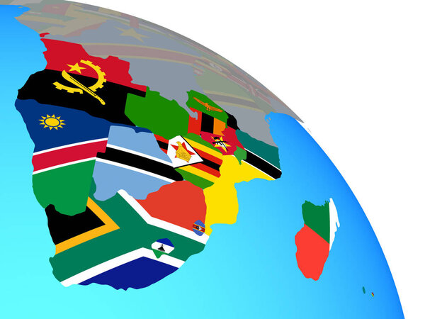 Southern Africa with national flags on simple blue political globe. 3D illustration.