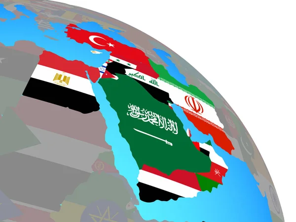 Medio Oriente Con Bandiere Nazionali Semplice Globo Politico Blu Illustrazione — Foto Stock