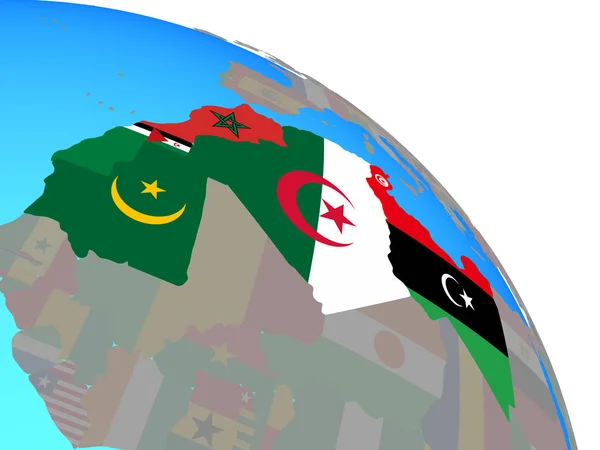 Regione Del Maghreb Con Bandiere Nazionali Semplice Globo Politico Blu — Foto Stock