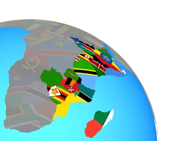 Africa Orientale Con Bandiere Nazionali Semplice Globo Politico Blu Illustrazione — Foto Stock