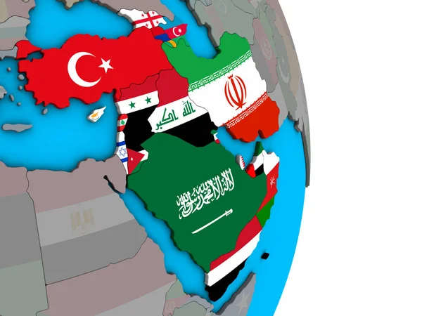 Западная Азия Встроенными Национальными Флагами Простом Политическом Глобусе Иллюстрация — стоковое фото
