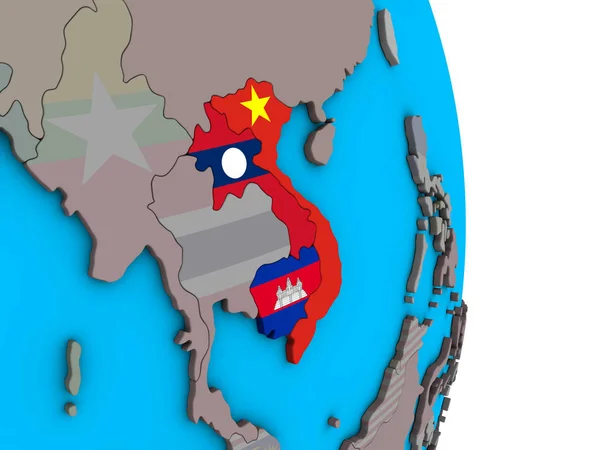 Indochina Mit Eingebetteten Nationalflaggen Auf Einem Einfachen Politischen Globus Illustration — Stockfoto