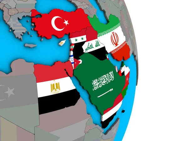 Oriente Médio Com Bandeiras Nacionais Embutidas Simples Globo Político Ilustração — Fotografia de Stock