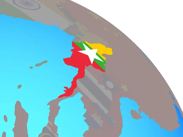 Myanmar Mit Nationalflagge Auf Einem Simplen Blauen Politischen Globus Illustration — Stockfoto