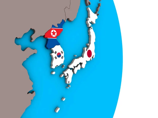 日本和韩国在简单的政治3D 地球上嵌入国旗 — 图库照片