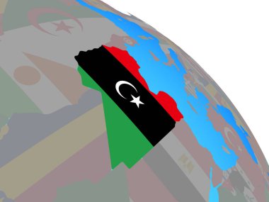 Libya Ulusal bayrağını basit mavi siyasi dünya ile. 3D çizim.