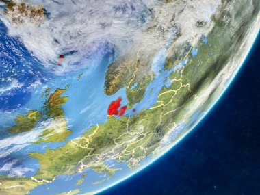 Danimarka modeli bir ülke sınırları ve çok detaylı gezegenin yüzey ve bulutlar Dünya gezegeni. 3D çizim. Nasa tarafından döşenmiş bu görüntü unsurları.
