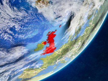 Modeli ile ülke sınırları ve çok detaylı gezegenin yüzeyi ve bulutlar Dünya gezegeninin bir İngiltere. 3D çizim. Nasa tarafından döşenmiş bu görüntü unsurları.