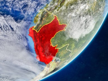 Peru modeli bir ülke sınırları ve çok detaylı gezegenin yüzey ve bulutlar Dünya gezegeni. 3D çizim. Nasa tarafından döşenmiş bu görüntü unsurları.