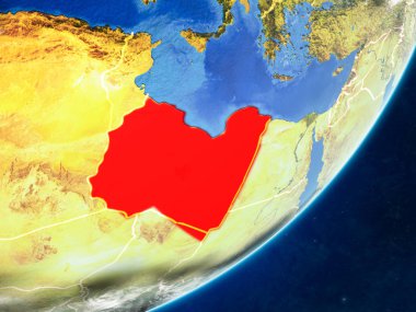 Libya modeli bir ülke sınırları ve çok detaylı gezegenin yüzey ve bulutlar Dünya gezegeni. 3D çizim. Nasa tarafından döşenmiş bu görüntü unsurları.