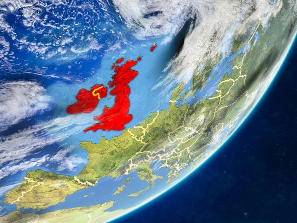 British Isles on model of planet Earth with country borders and very detailed planet surface and clouds. 3D illustration. Elements of this image furnished by NASA.
